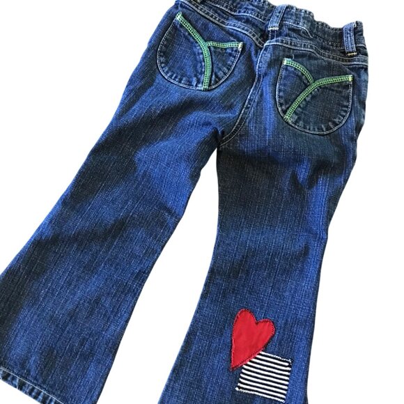 Upcycled Patchwork Jeans, Child's Size 5: Handmade Heart Patches Front and Back - Picture 2 of 16